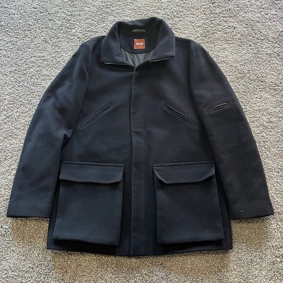 Hugo Boss Coat Full Zip Overcoat Wool Blend Winter Black Mens Size 42R